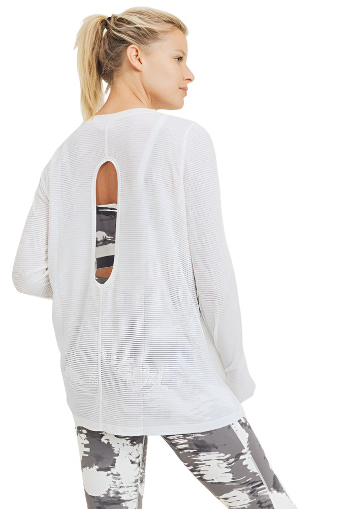 Mono B Mesh Long Sleeve Top AT2876 - White - Back View
