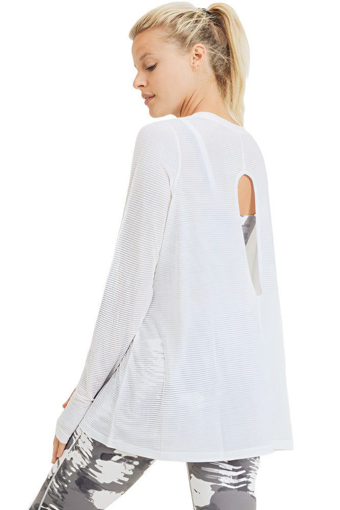 Mono B Mesh Long Sleeve Top AT2876 - White - Back Side View