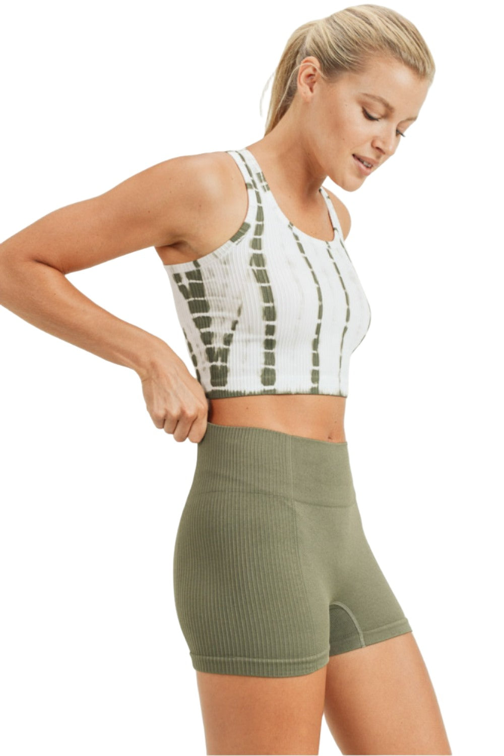 Mono B Tie-Dye Seamless Ribbed Racer Back Bra AT2997 - Olive - Side View