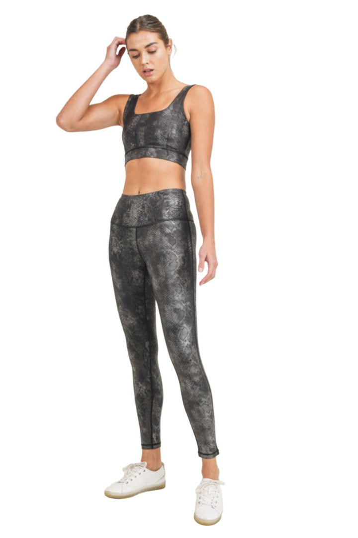 Mono B Grey Snake Foil Print High Waist Leggings APH3008 and Plus - Grey Snake Foil - Front Full View