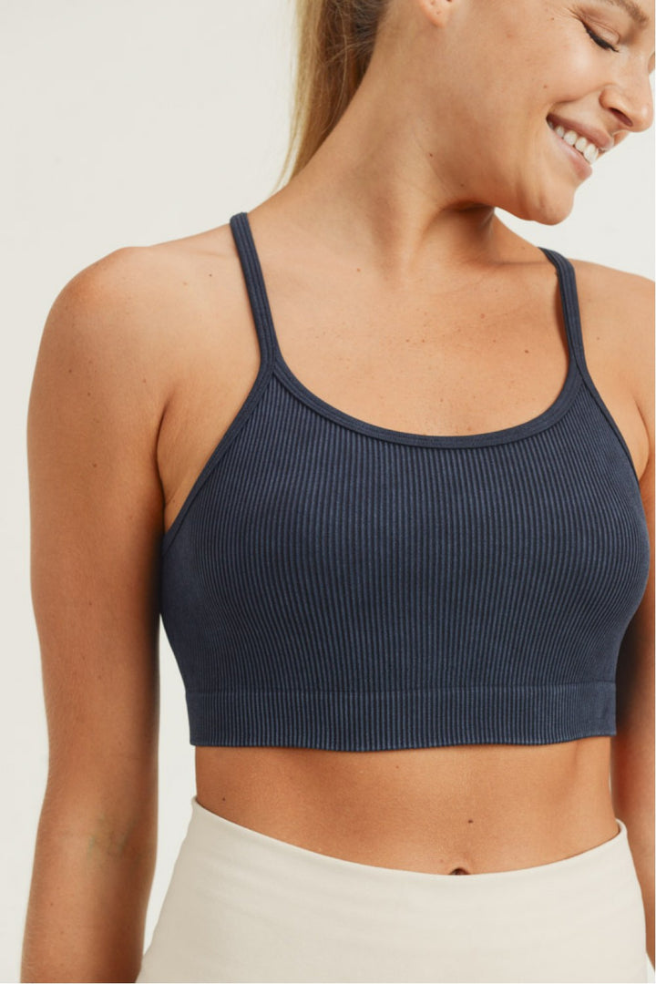 Mono B Rib Seamless Mineral-Washed Sports Bra AT3016 - Black - Rear View