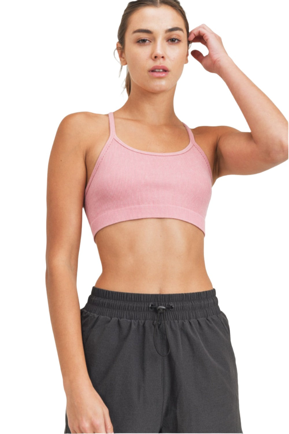 Mono B Rib Seamless Mineral-Washed Sports Bra AT3016 - Pink - Front View