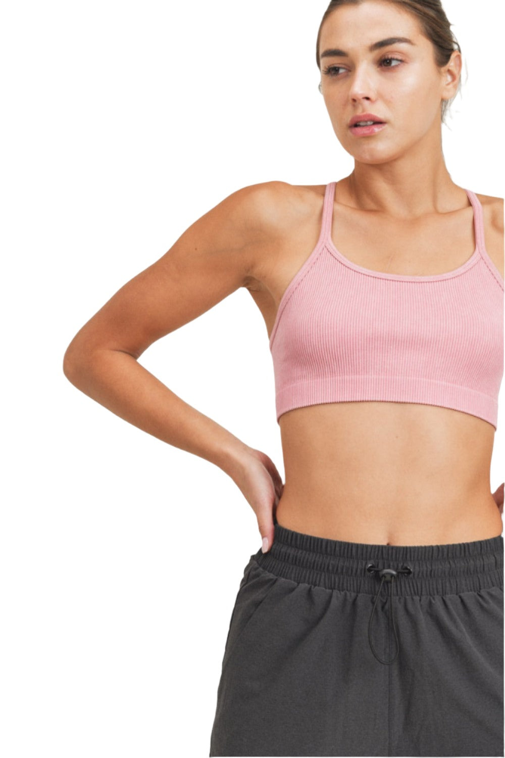 Mono B Rib Seamless Mineral-Washed Sports Bra AT3016 - Pink - Rear View