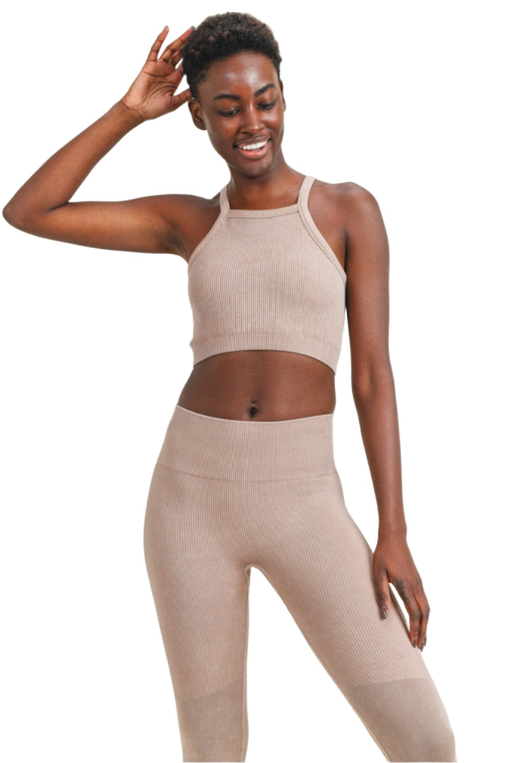 Mono B Square Ribbed Crop Top AT3031 - Mushroom - Front View