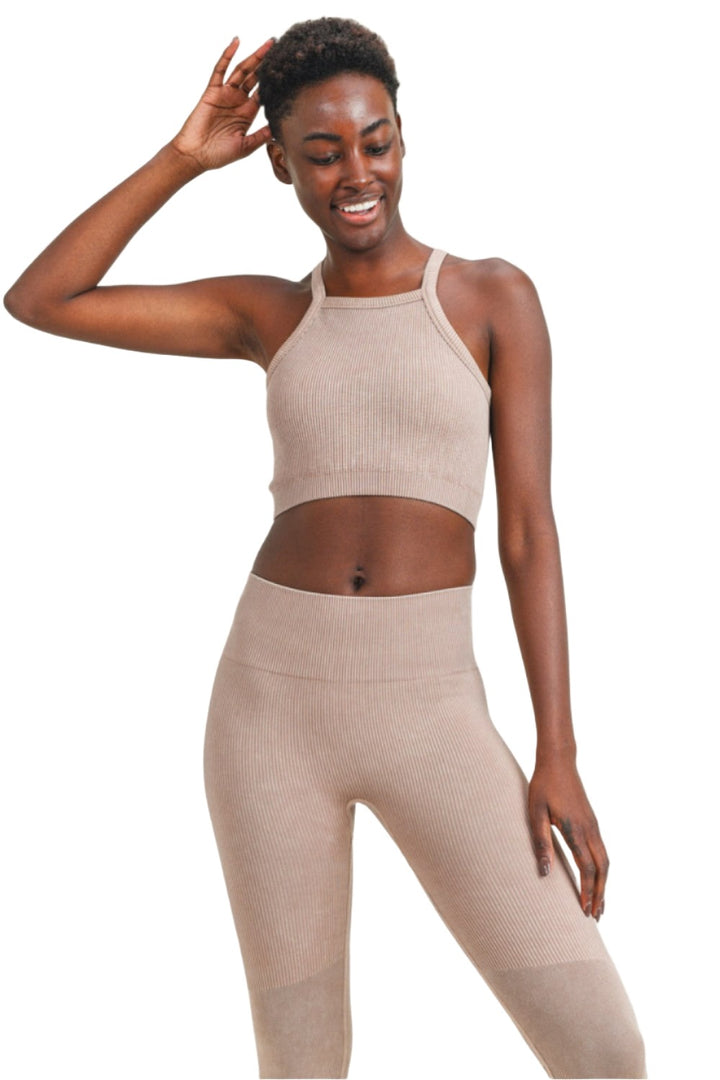 Mono B Square Ribbed Crop Top AT3031 - Mushroom - Front View