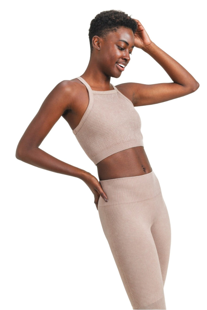 Mono B Square Ribbed Crop Top AT3031 - Mushroom - Side View