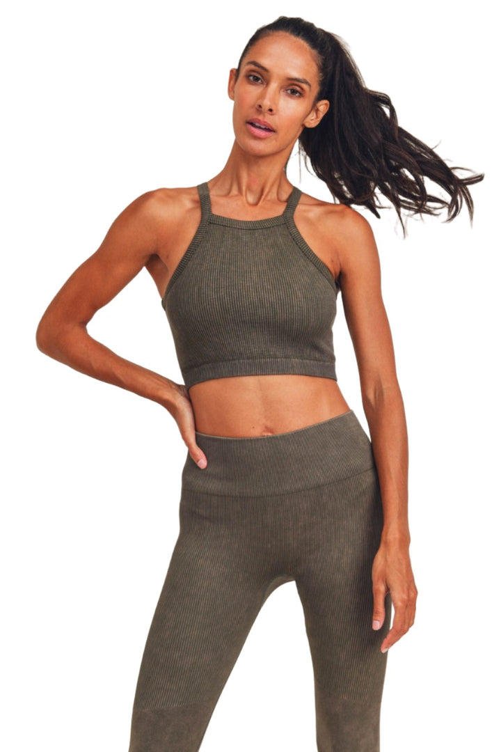 Mono B Square Ribbed Crop Top AT3031 - Olive - Front View