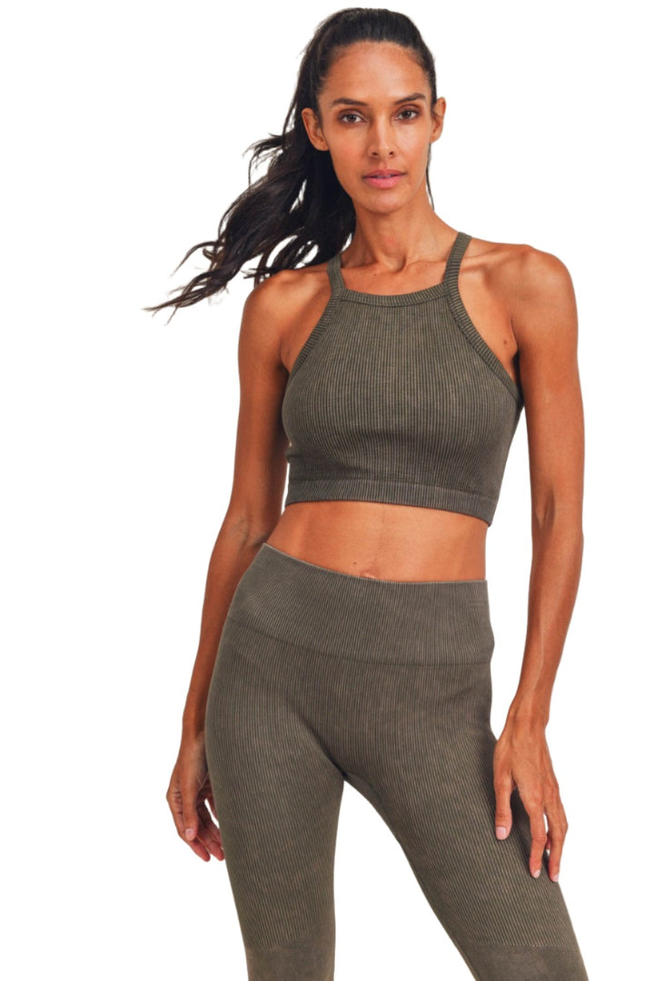 Mono B Square Ribbed Crop Top AT3031 - Olive - Front View