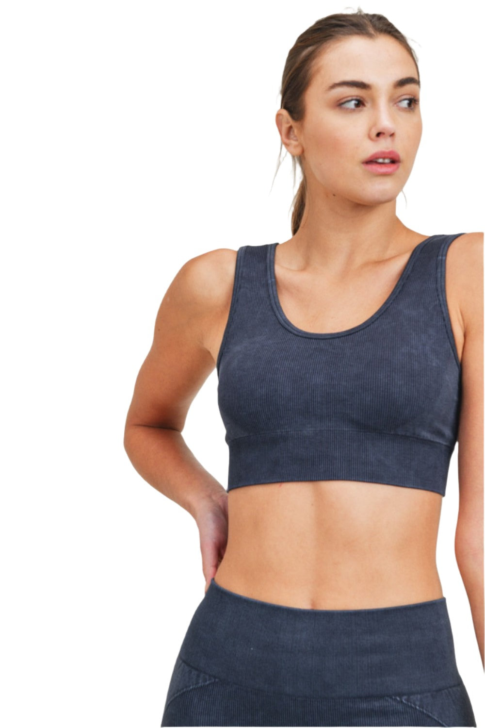 Mono B Rib Seamless Padded Sports Bra AT3034 - Black - Rear View