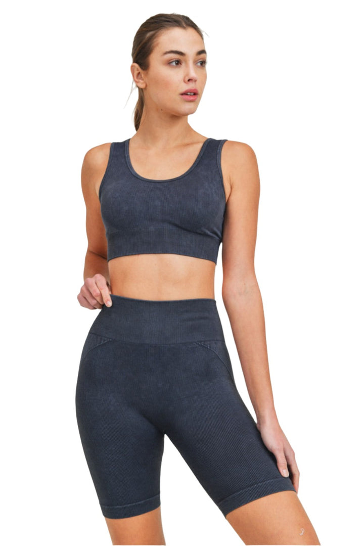 Mono B Rib Seamless Padded Sports Bra AT3034 - Black - Front View