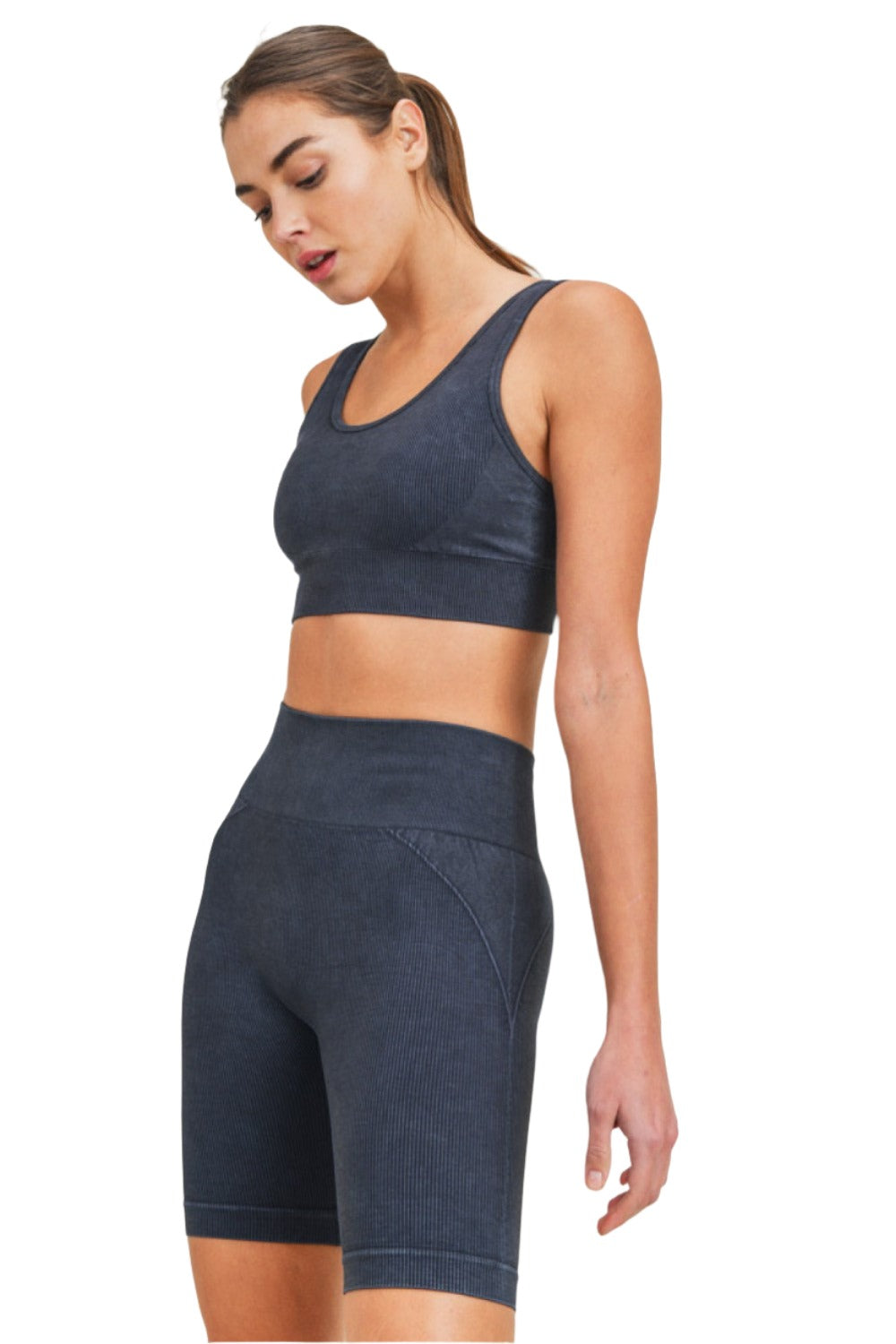 Mono B Rib Seamless Padded Sports Bra AT3034 - Black - Side View