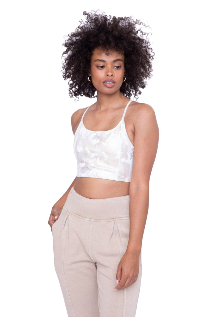 Mono B Camo Gold Microdot Foil Adjustable Sports Bra AT3036 - Army Gold - Front View