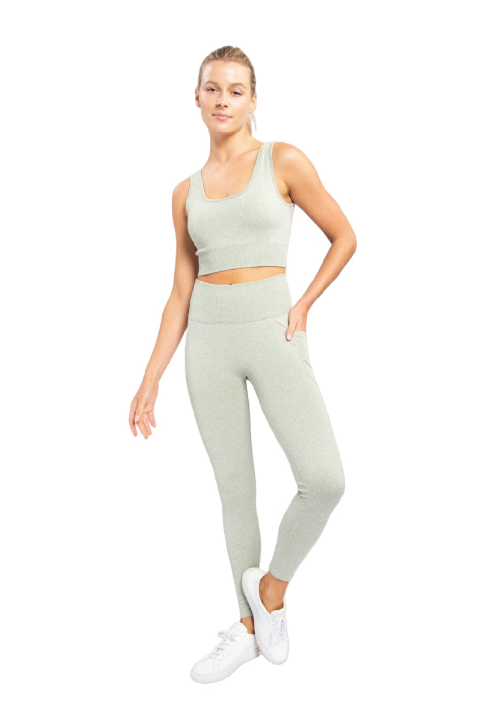 Mono B Hybrid Seamless Ribbed Sports Bra AT3041 - Fair Green - Front Full View