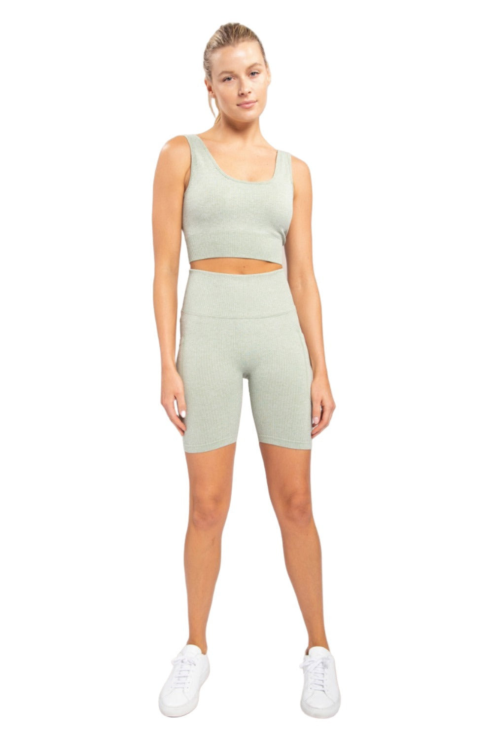 Mono B Hybrid Seamless Ribbed Sports Bra AT3041 - Fair Green - Front Full View