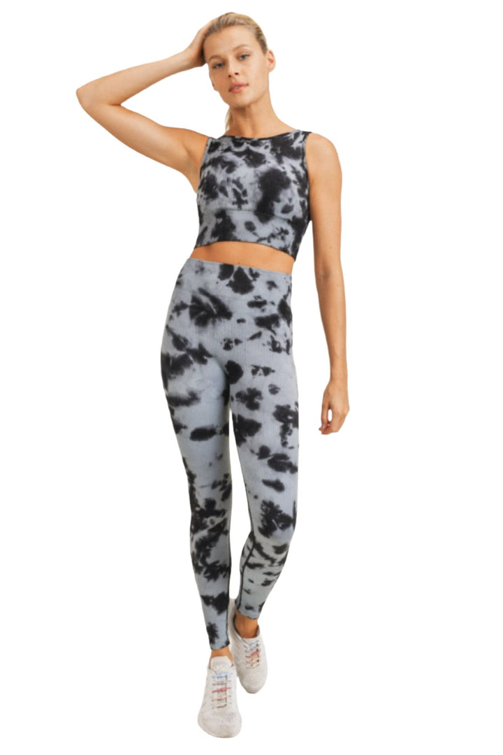 Mono B Smokescreen Tie-Dye Ribbed Seamless Highwaist Leggings APH3049 - Black/Grey - Front Full View2