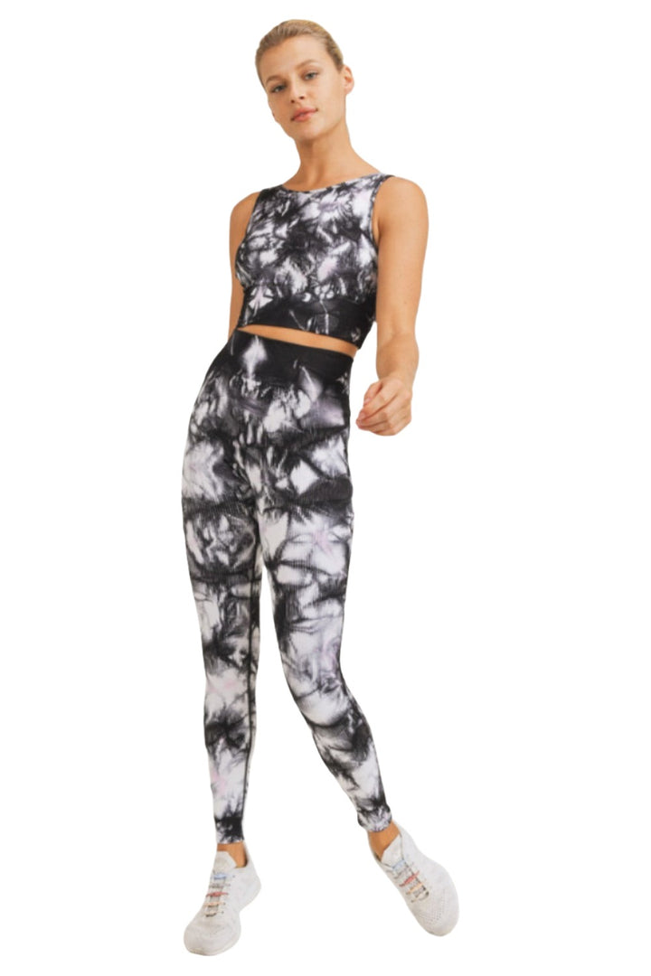 Mono B Smokescreen Tie-Dye Ribbed Seamless Highwaist Leggings APH3049 - Black/Grey - Front Full View