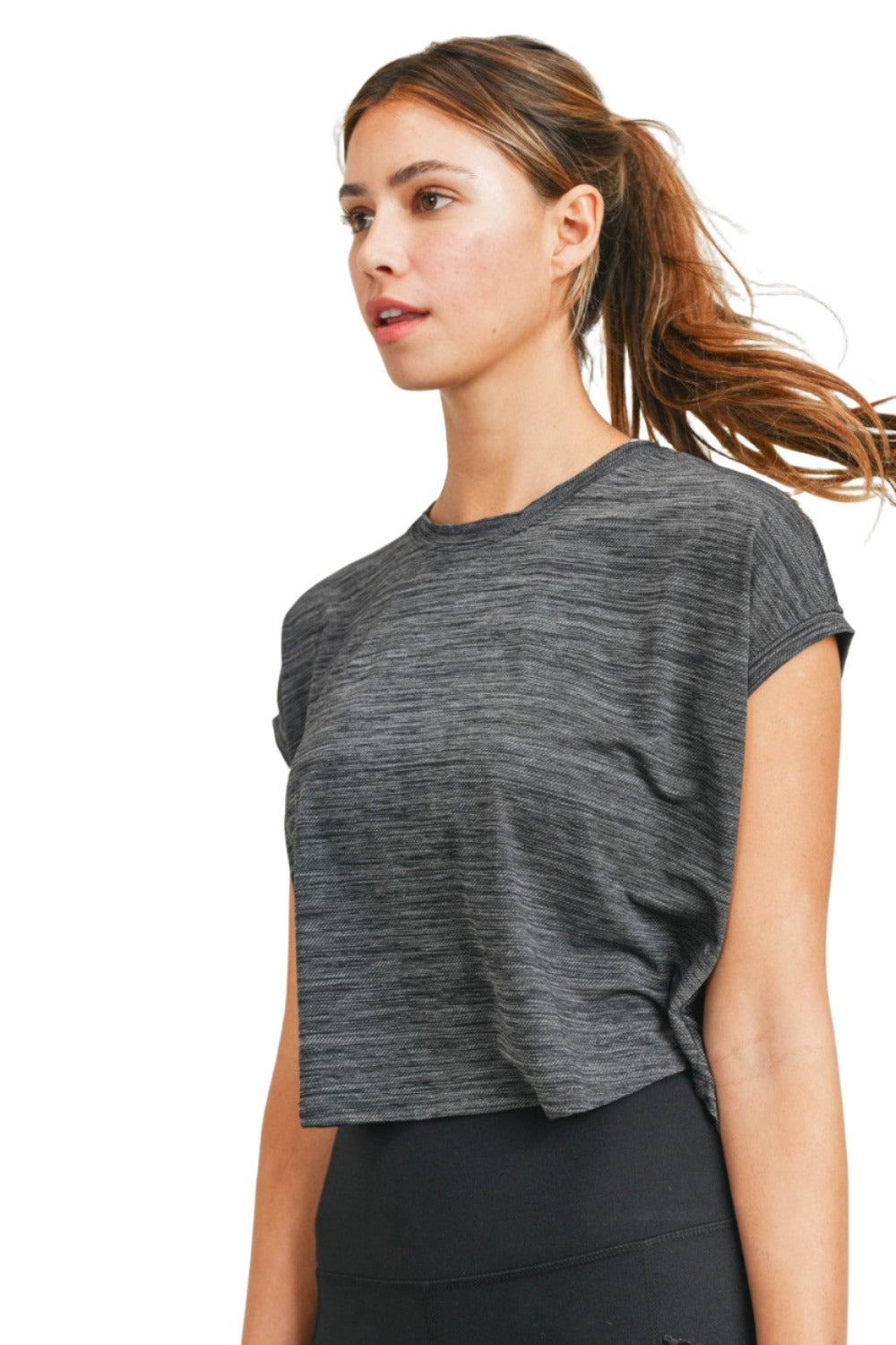 Mono B Cap-Sleeved Melange Athleisure Cropped Shirt AT309 - 2 Tone Grey - Front View