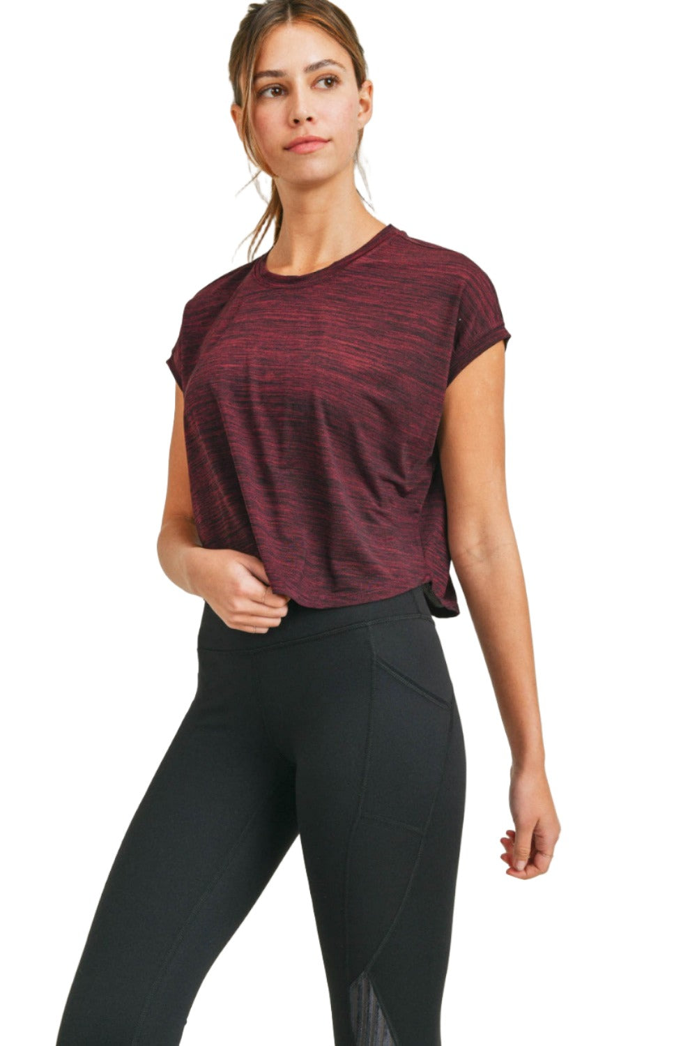 Mono B Cap-Sleeved Melange Athleisure Cropped Shirt AT309 - 2 Tone Red - Front View