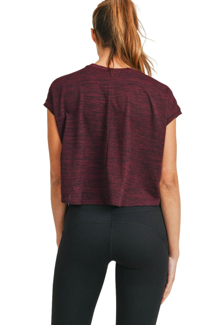 Mono B Cap-Sleeved Melange Athleisure Cropped Shirt AT309 - 2 Tone Red - Back View