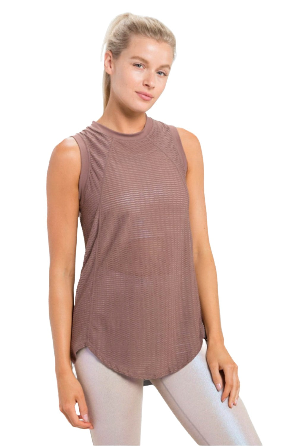 Mono B High Neck Mesh Textured Tank AT3093 - Brown - Front  View