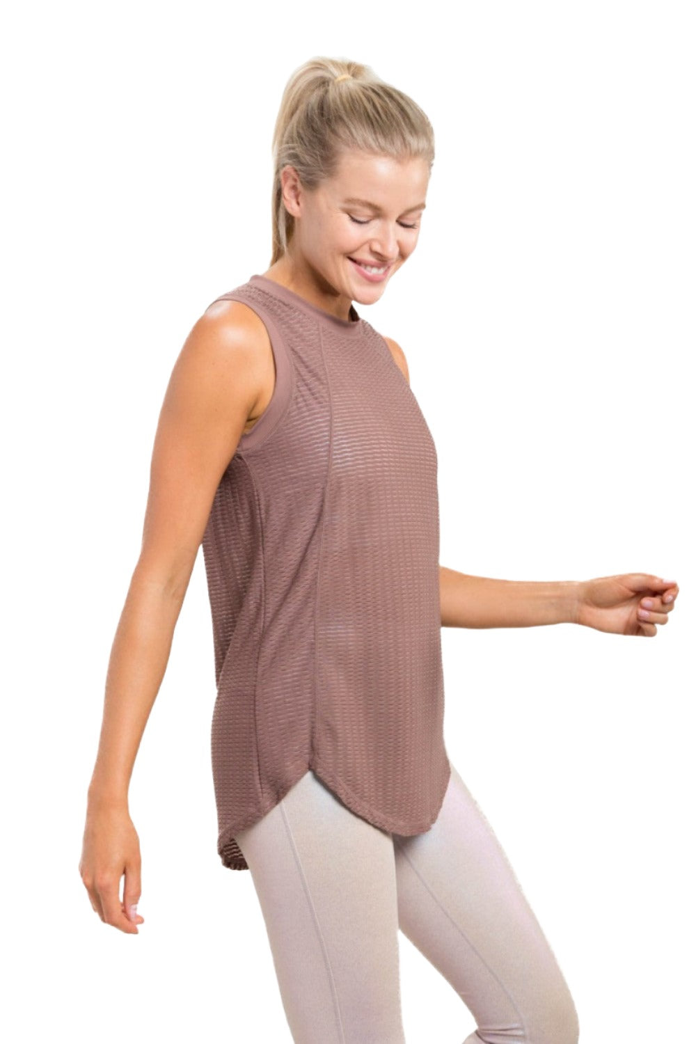 Mono B High Neck Mesh Textured Tank AT3093 - Brown - Side View