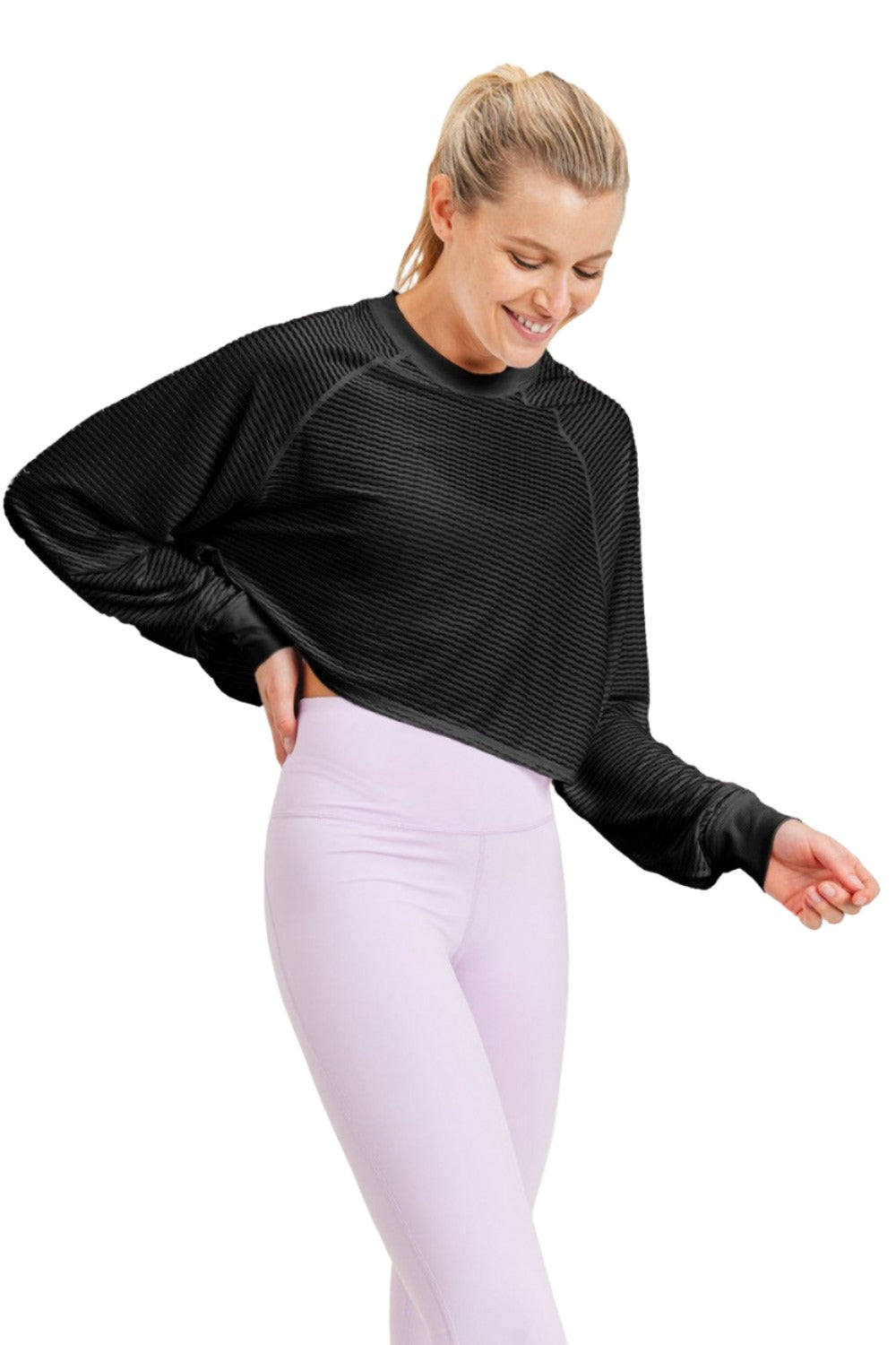 Mono B Raglan Sleeve Crop Top AT3094 - Black -Side View
