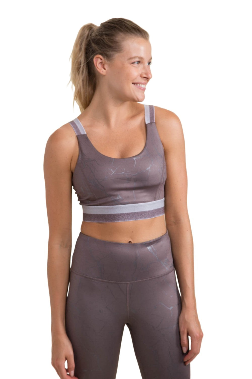 Mono B Marble Foil Print Double Striped Sports Bra AT3098 - Cocoa Foil - Front View
