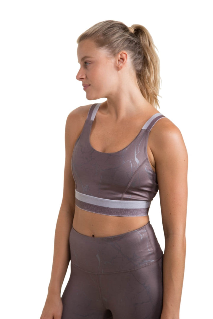 Mono B Marble Foil Print Double Striped Sports Bra AT3098 - Cocoa Foil - Side View
