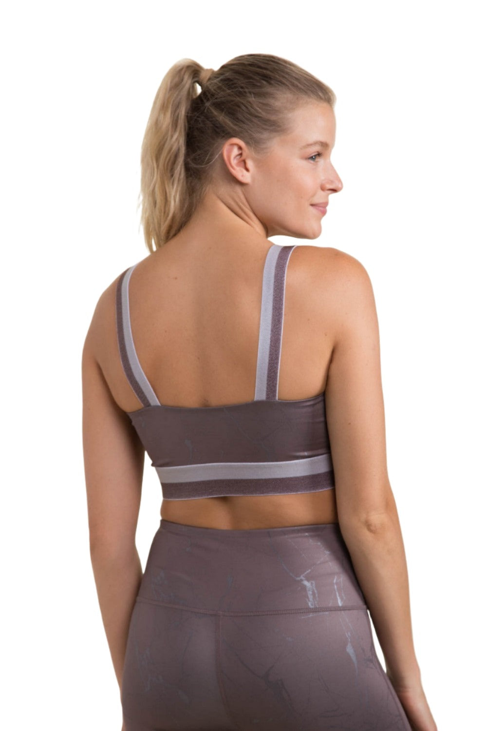 Mono B Marble Foil Print Double Striped Sports Bra AT3098 - Cocoa Foil - Back View