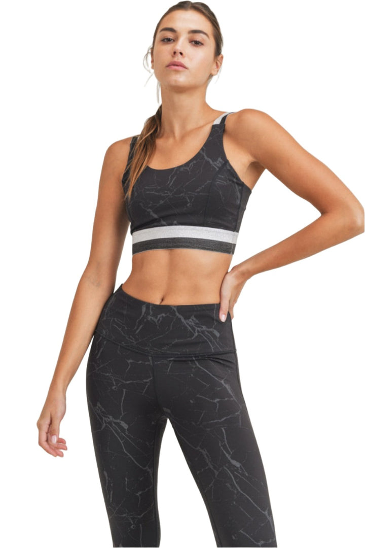 Mono B Marble Foil Print Double Striped Sports Bra AT3098 - Black Foil - Front View