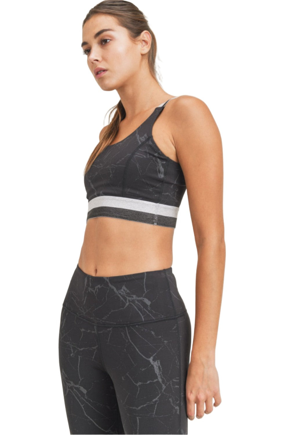 Mono B Marble Foil Print Double Striped Sports Bra AT3098 - Black Foil - Side View