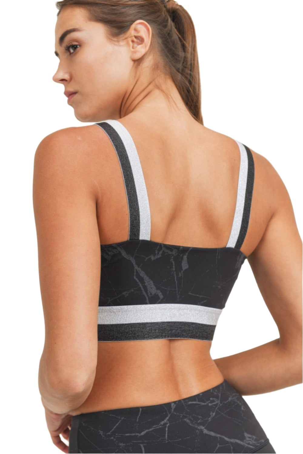 Mono B Marble Foil Print Double Striped Sports Bra AT3098 - Black Foil - Rear View