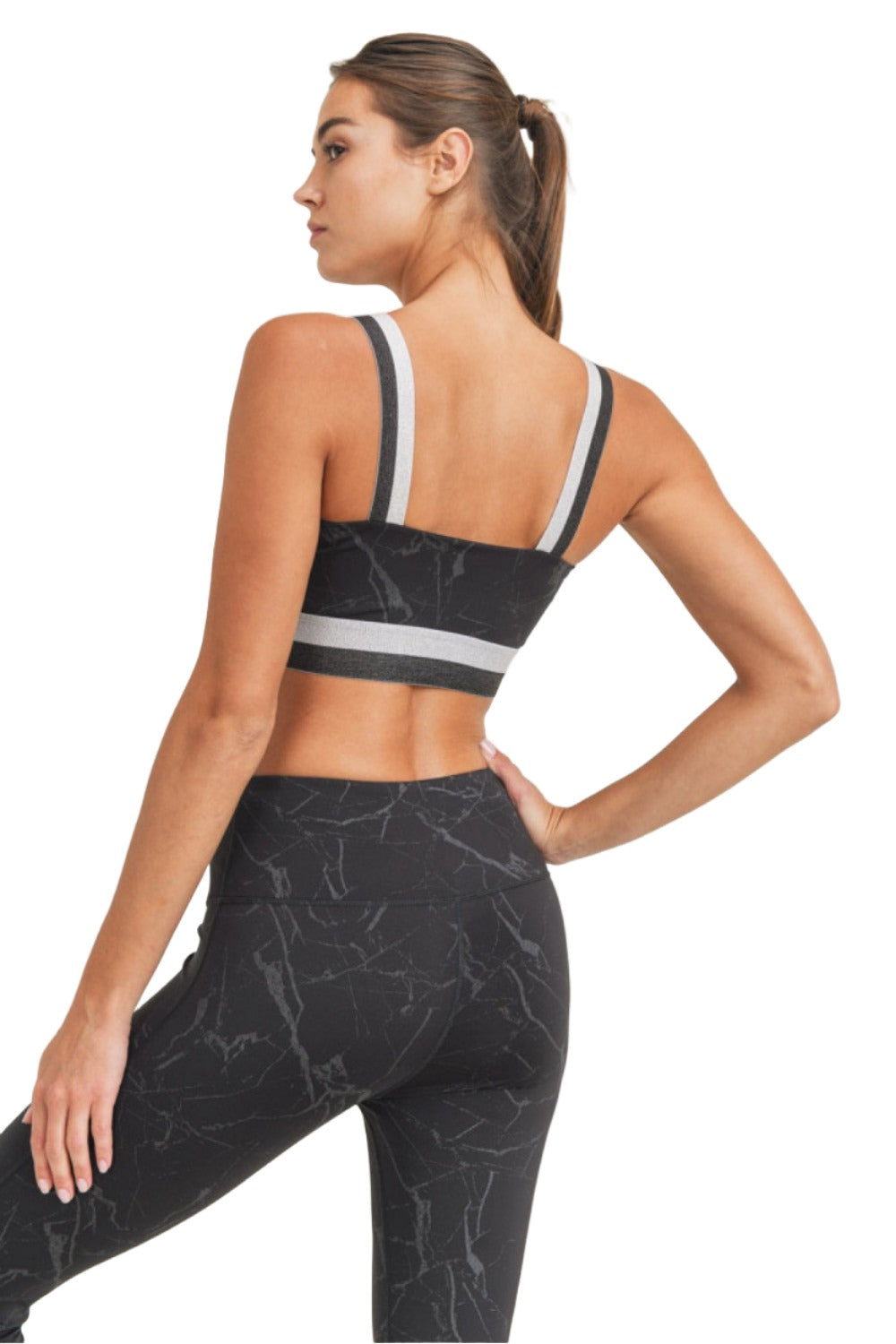 Mono B Marble Foil Print Double Striped Sports Bra AT3098 - Black Foil - Back View