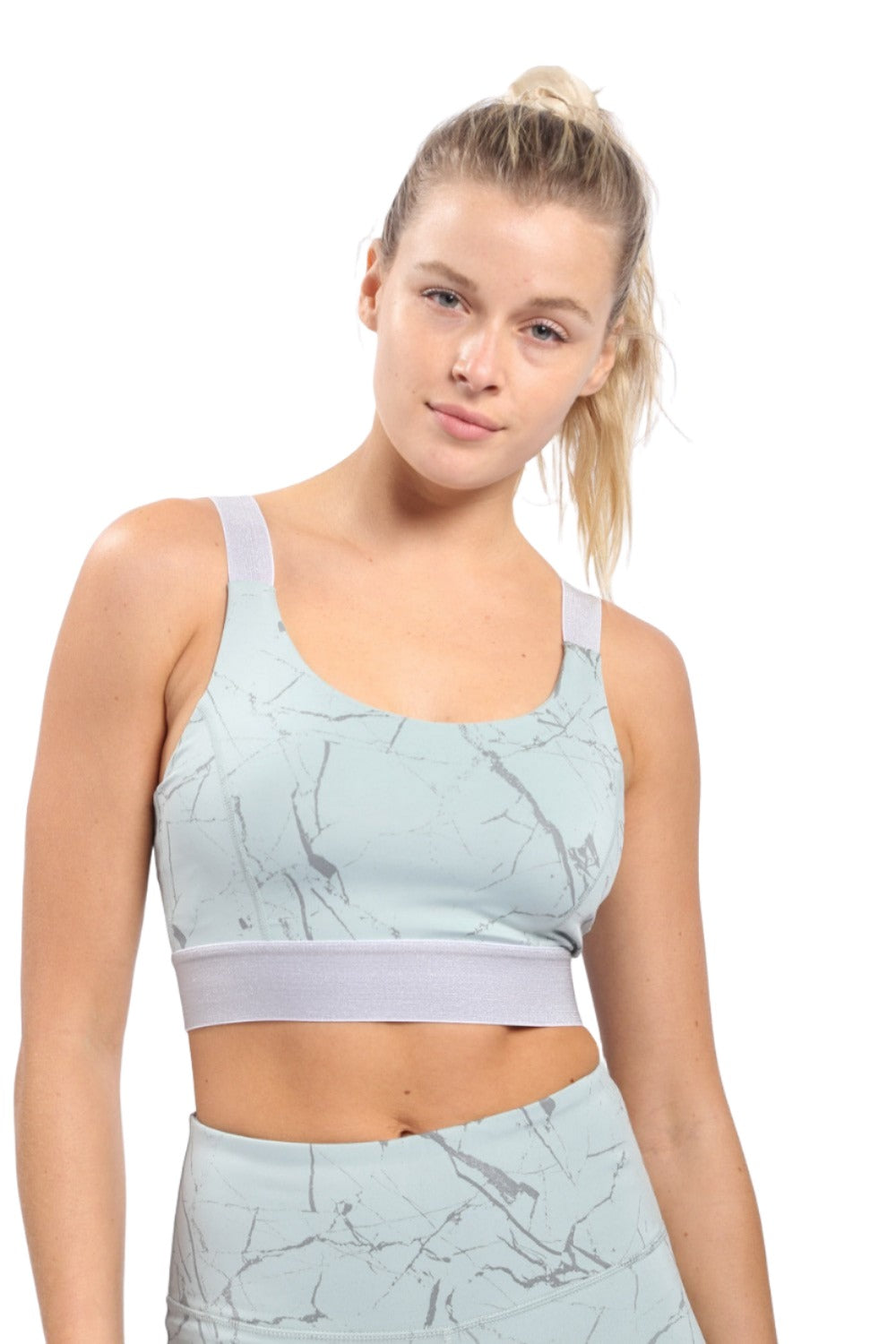 Mono B Marble Foil Print Double Striped Sports Bra AT3098 - Sage Silver - Front View