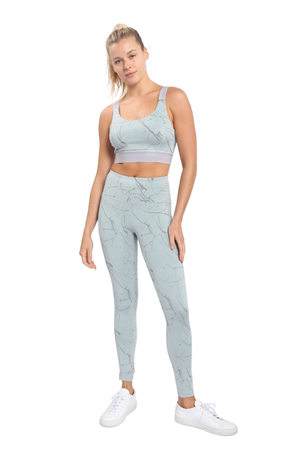 Mono B Marble Foil Print Double Striped Sports Bra AT3098 - Sage Silver - Front Full View