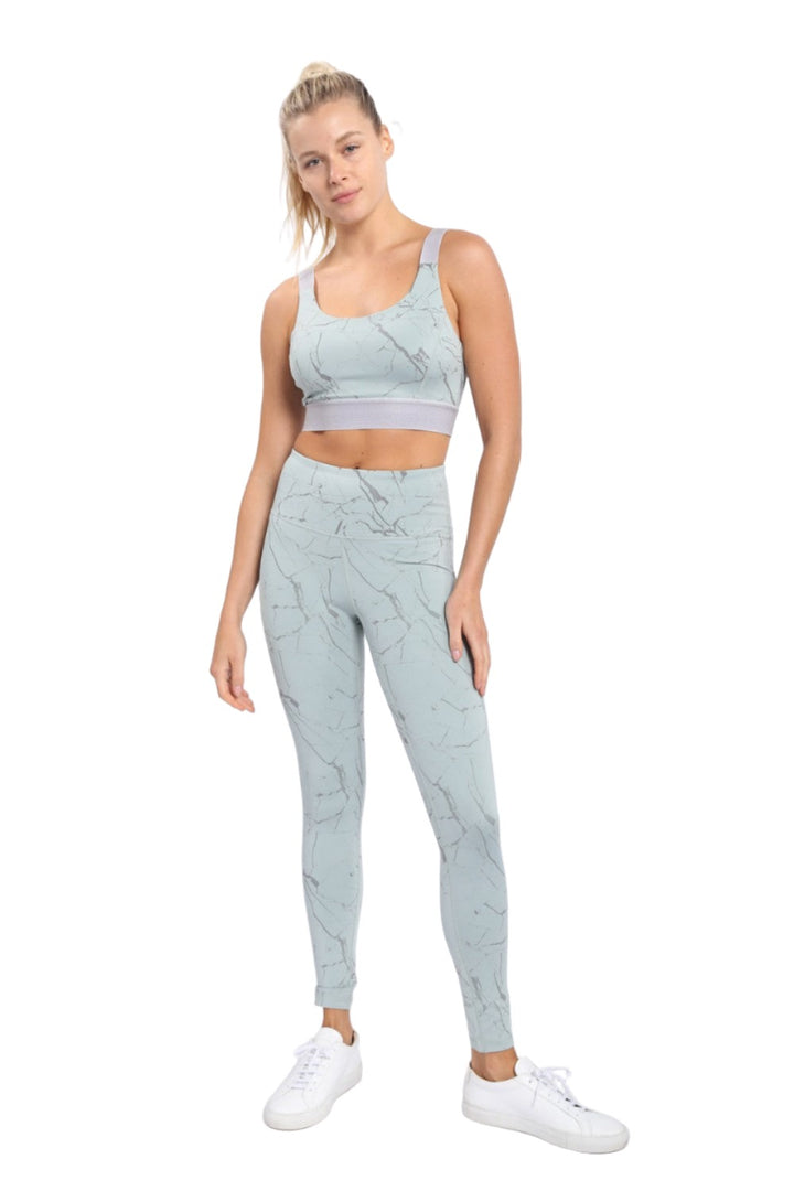 Mono B Marble Foil Print Double Striped Sports Bra AT3098 - Sage Silver - Front Full View
