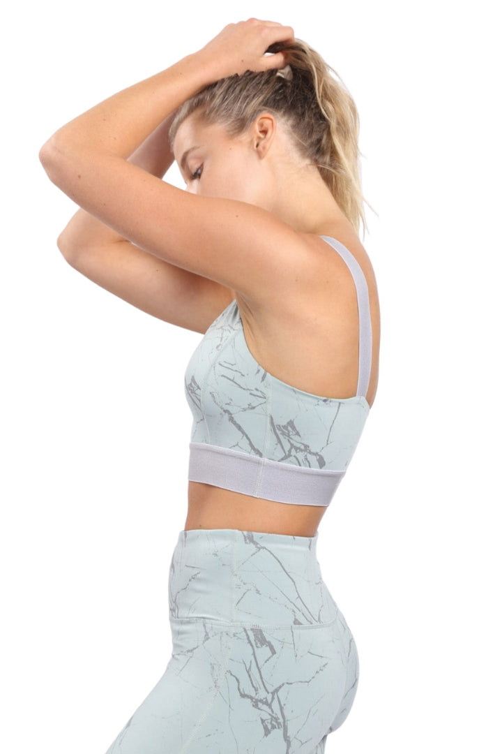 Mono B Marble Foil Print Double Striped Sports Bra AT3098 - Sage Silver - Side View