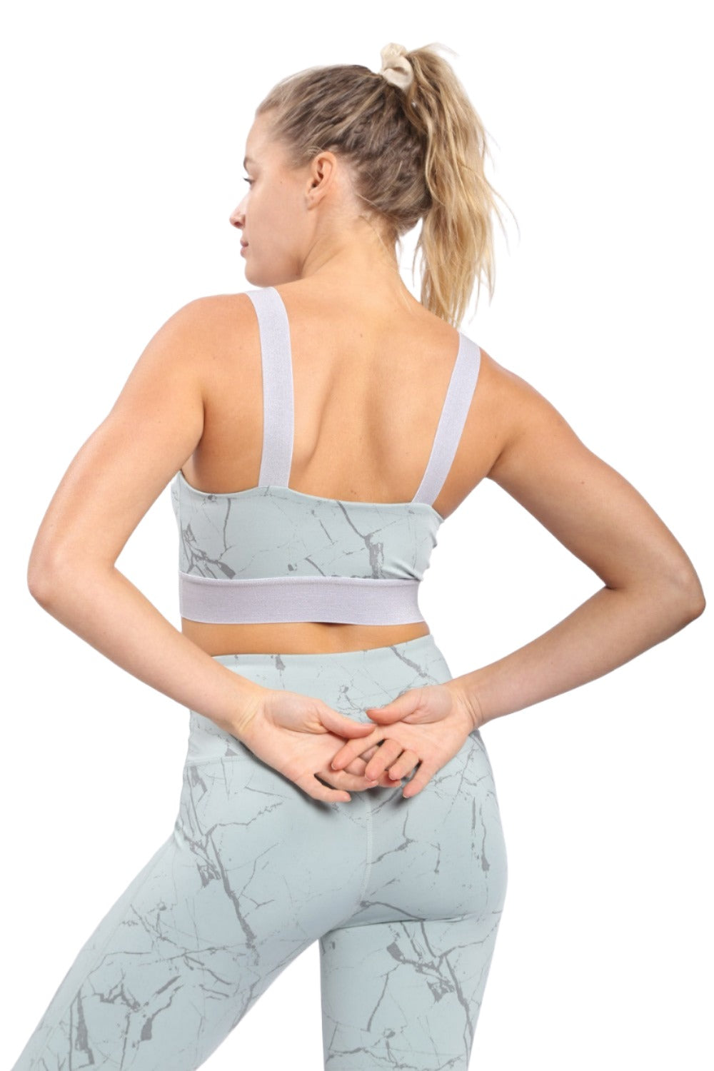 Mono B Marble Foil Print Double Striped Sports Bra AT3098 - Sage Silver - Back View
