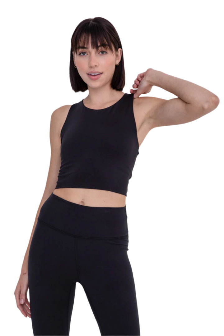 Mono B Cross Back Cropped Top with Built-In Sports Bra - Black - Front View