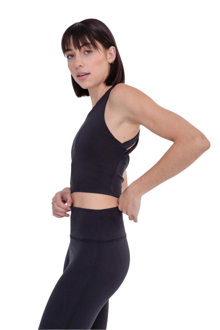 Mono B Cross Back Cropped Top with Built-In Sports Bra - Black - Side View
