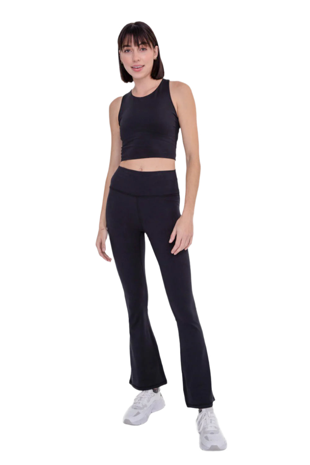 Mono B Cross Back Cropped Top with Built-In Sports Bra - Black - Front Full View