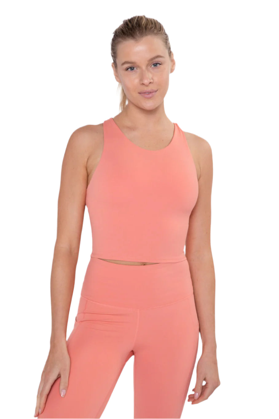 Mono B Cross Back Cropped Top with Built-In Sports Bra - Dusty Coral - Front View