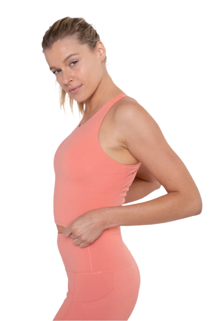 Mono B Cross Back Cropped Top with Built-In Sports Bra - Dusty Coral - Side View