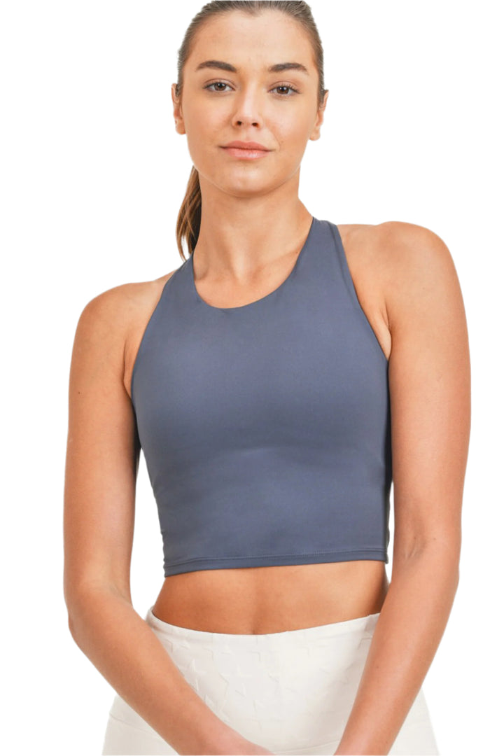 Mono B Cross Back Cropped Top with Built-In Sports Bra - Grey Blue - Front View