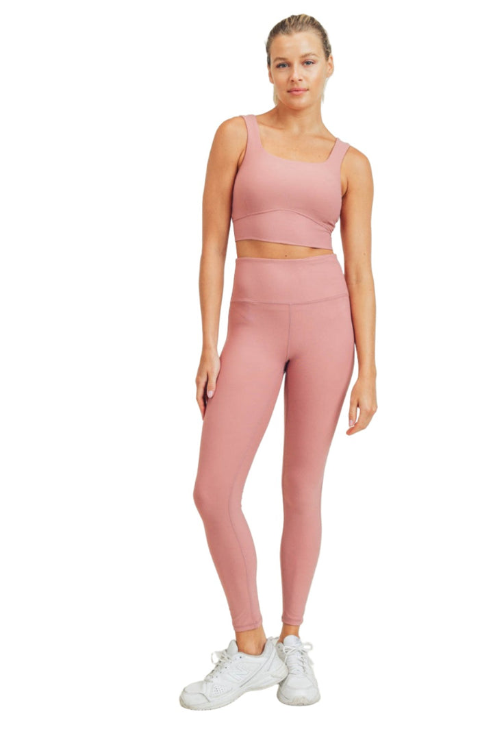 Mono B Micro-Ribbed Lycra-Blend Swoop Back High-Waist Leggings APH3192 - Ash Rose - Front Full View