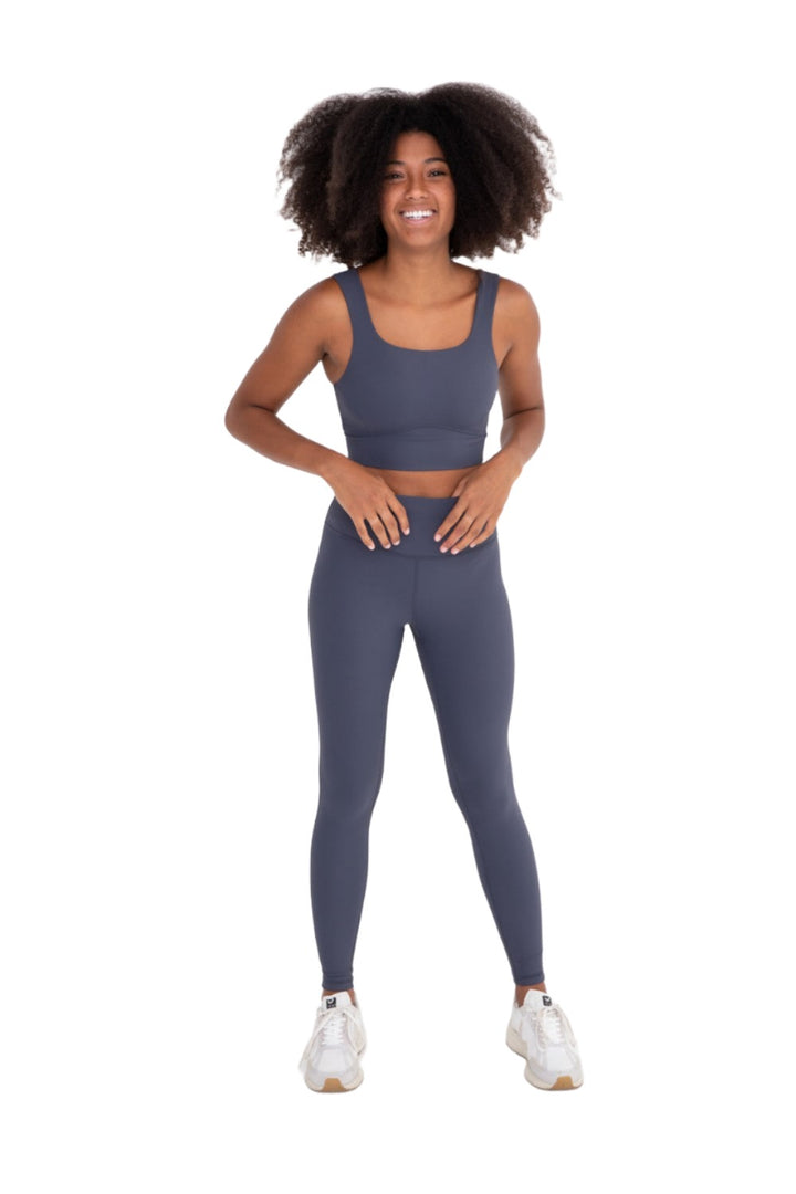Mono B Micro-Ribbed Lycra-Blend Swoop Back High-Waist Leggings APH3192 - Grey Blue - Front Full View