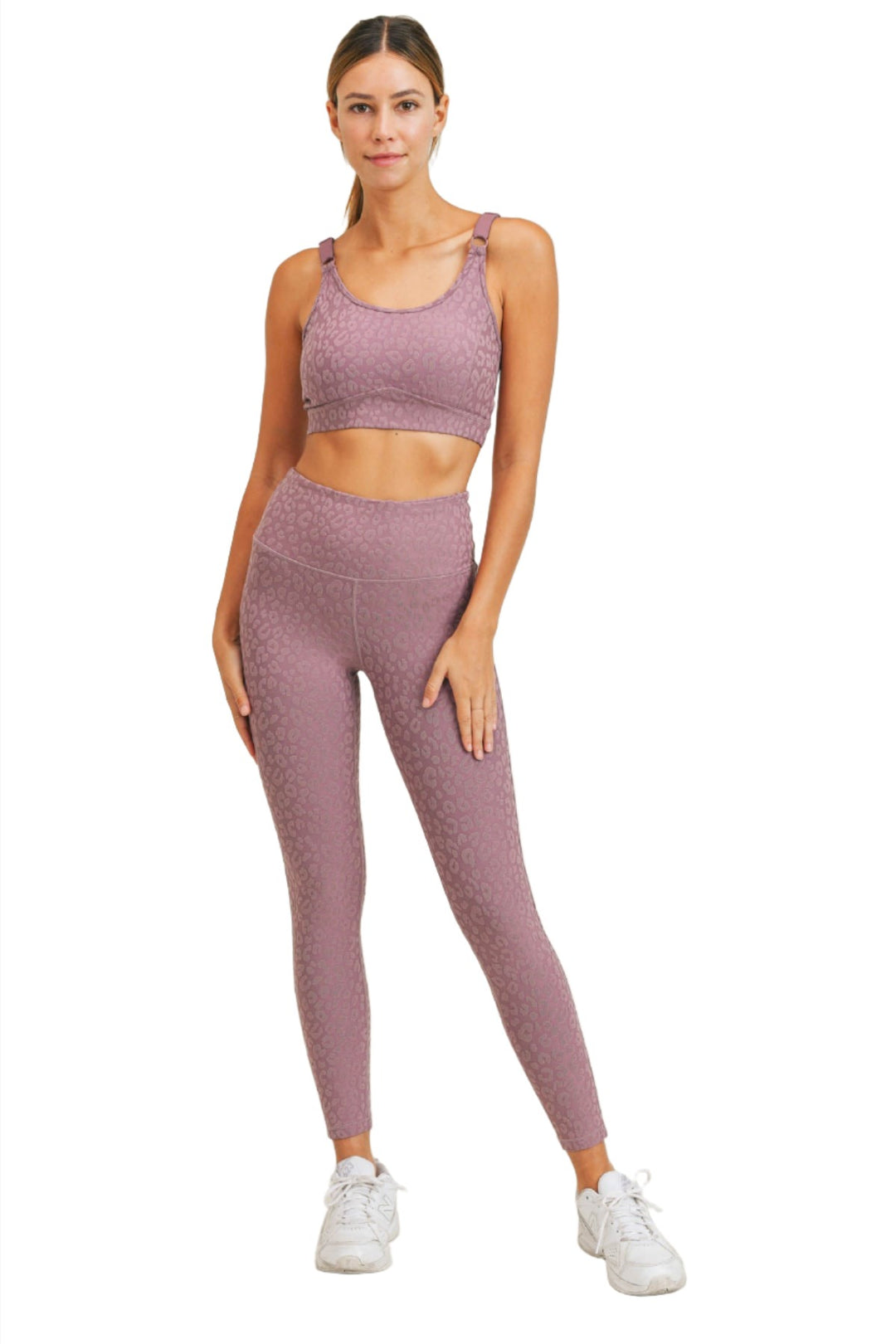 Mono B Leopard Jacquard High-Waist Leggings APH8029and Plus - Mauve 21 - Front Full View
