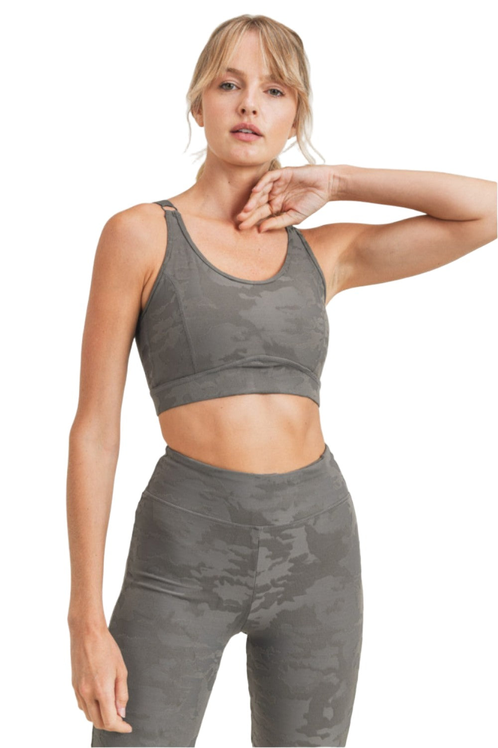Mono B Camo Jacquard TACTEL® Sports Bra AT8034 - Gunmetal - Front View