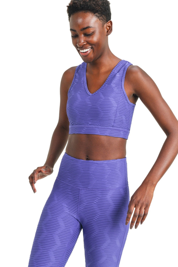 Mono B GEO Textured V Neck Bra Top AT8060 - Indigo - Front View