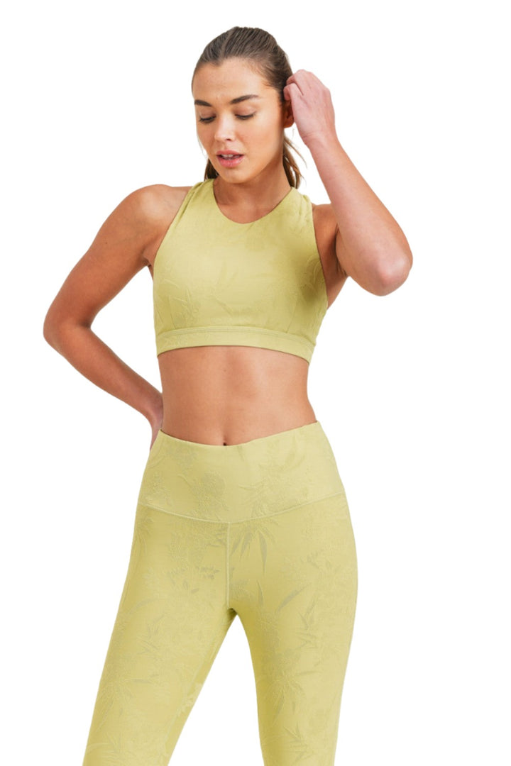 Mono B Textured Floral Jacquard TACTEL Sports Bra AT8072 - Pale Olive - Front View